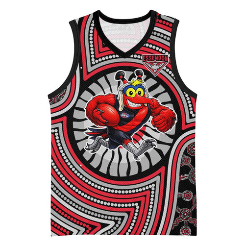 Essendon Football Club Basketball Jersey Indigenous Monochrome Dot Art Mascot Style
