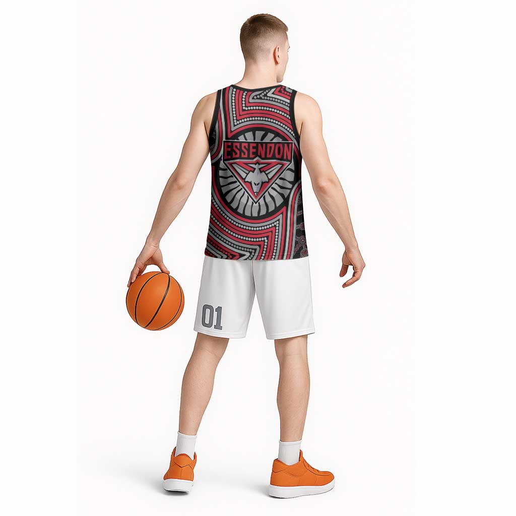 Essendon Football Club Basketball Jersey Indigenous Monochrome Dot Art Mascot Style