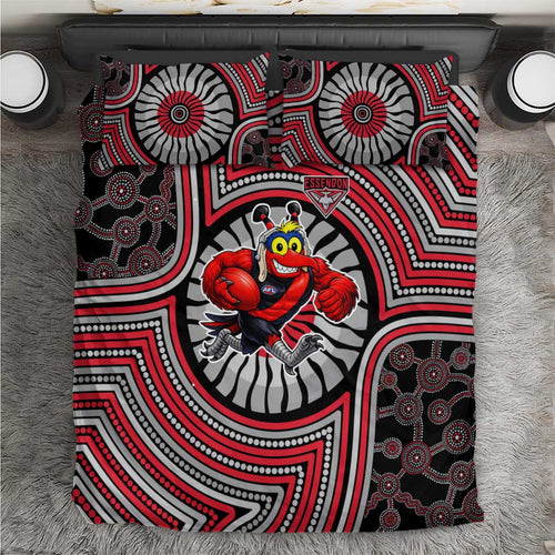 Essendon Football Club Bedding Set Indigenous Monochrome Dot Art Mascot Style