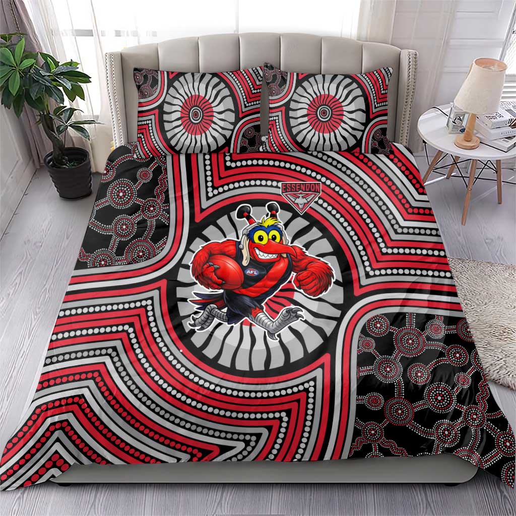 Essendon Football Club Bedding Set Indigenous Monochrome Dot Art Mascot Style