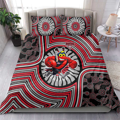 Essendon Football Club Bedding Set Indigenous Monochrome Dot Art Mascot Style