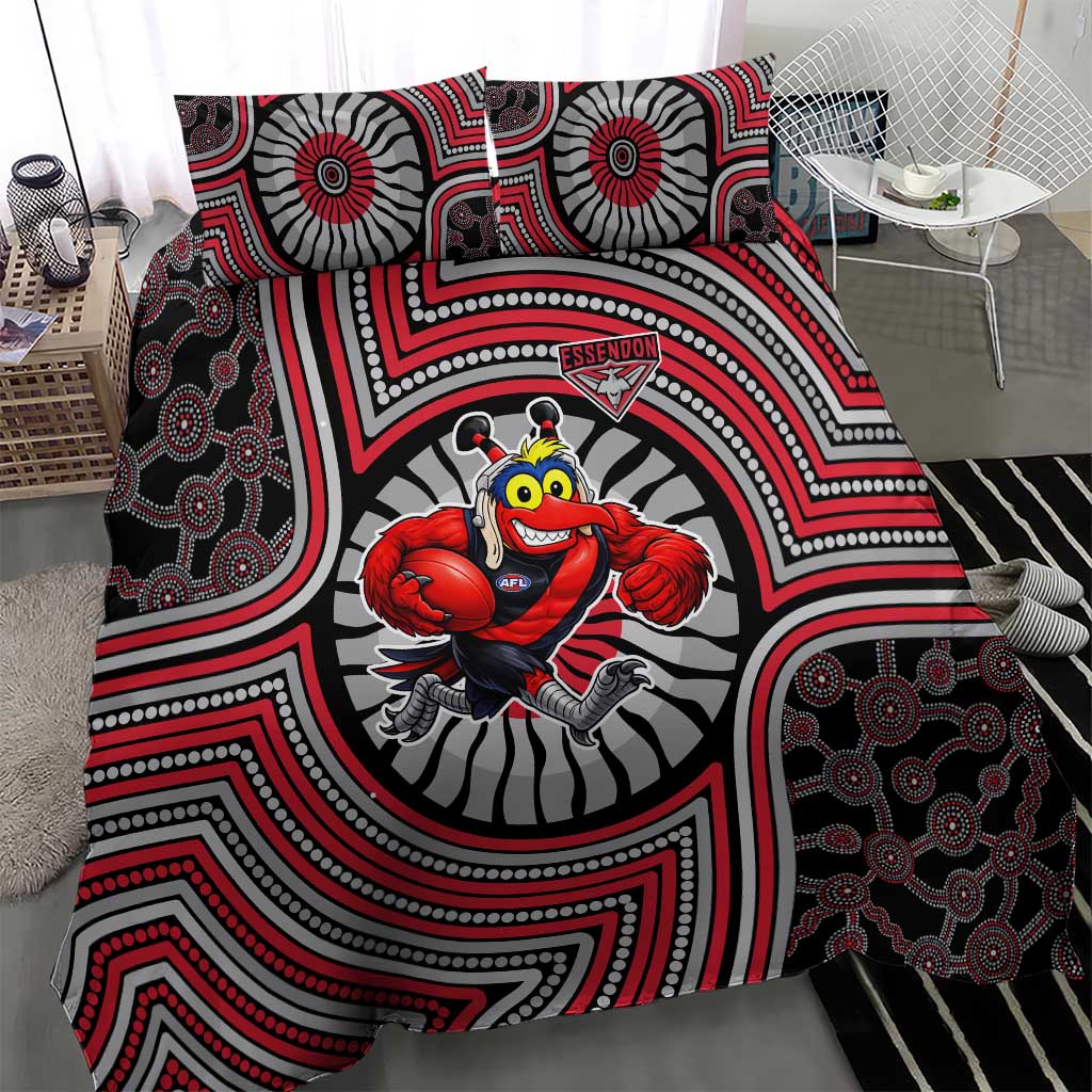 Essendon Football Club Bedding Set Indigenous Monochrome Dot Art Mascot Style