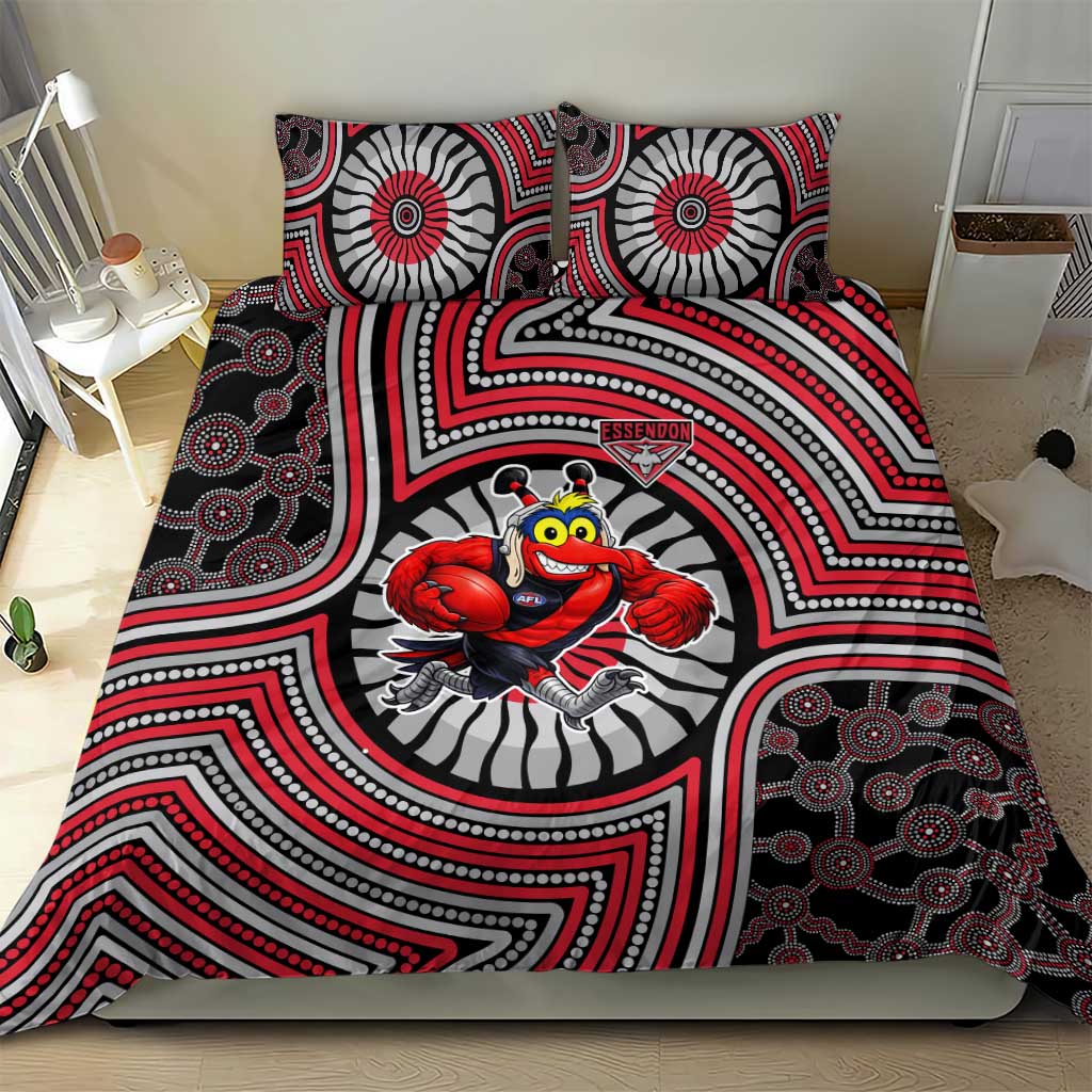 Essendon Football Club Bedding Set Indigenous Monochrome Dot Art Mascot Style
