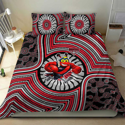 Essendon Football Club Bedding Set Indigenous Monochrome Dot Art Mascot Style