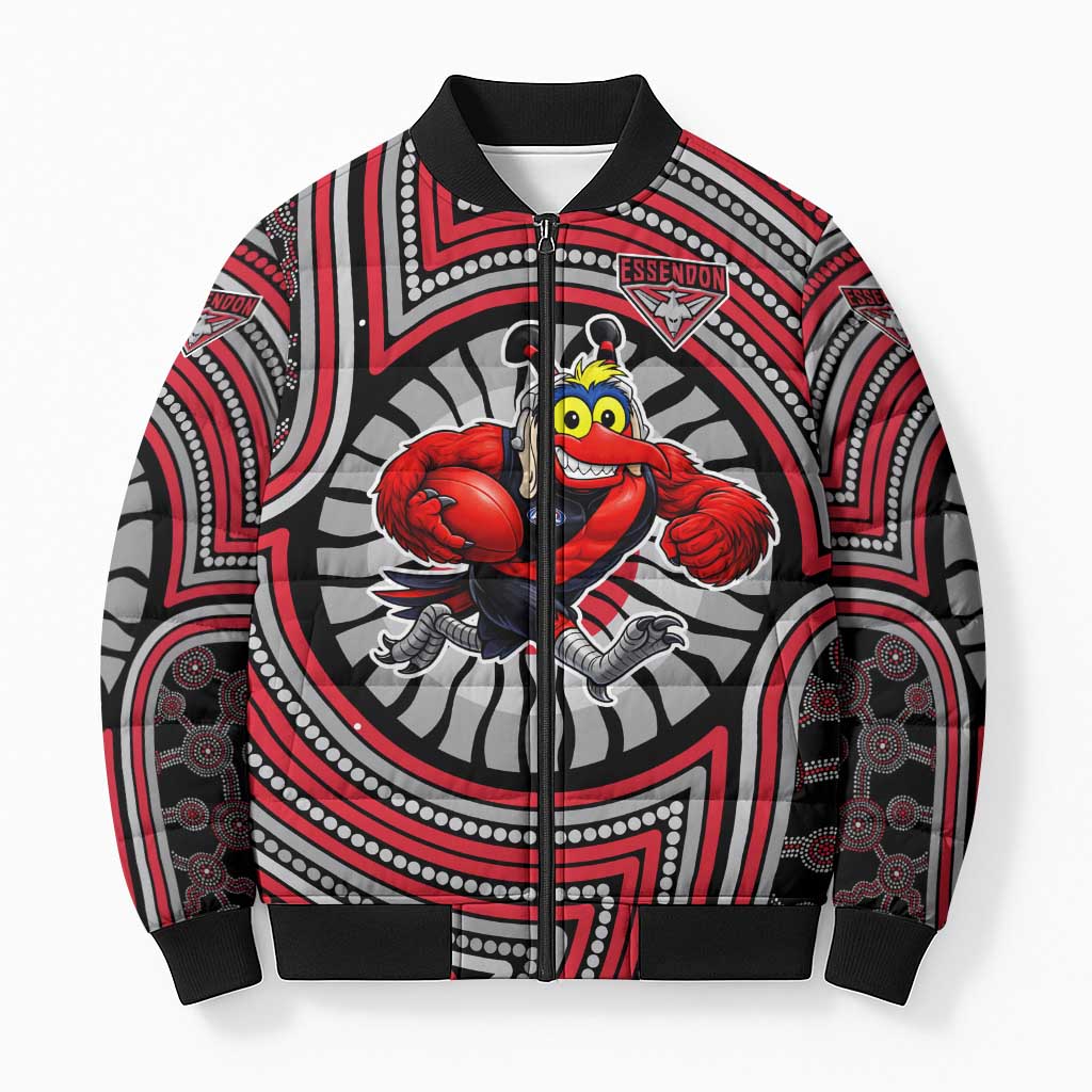 Essendon Football Club Bomber Puffer Jacket Indigenous Monochrome Dot Art Mascot Style