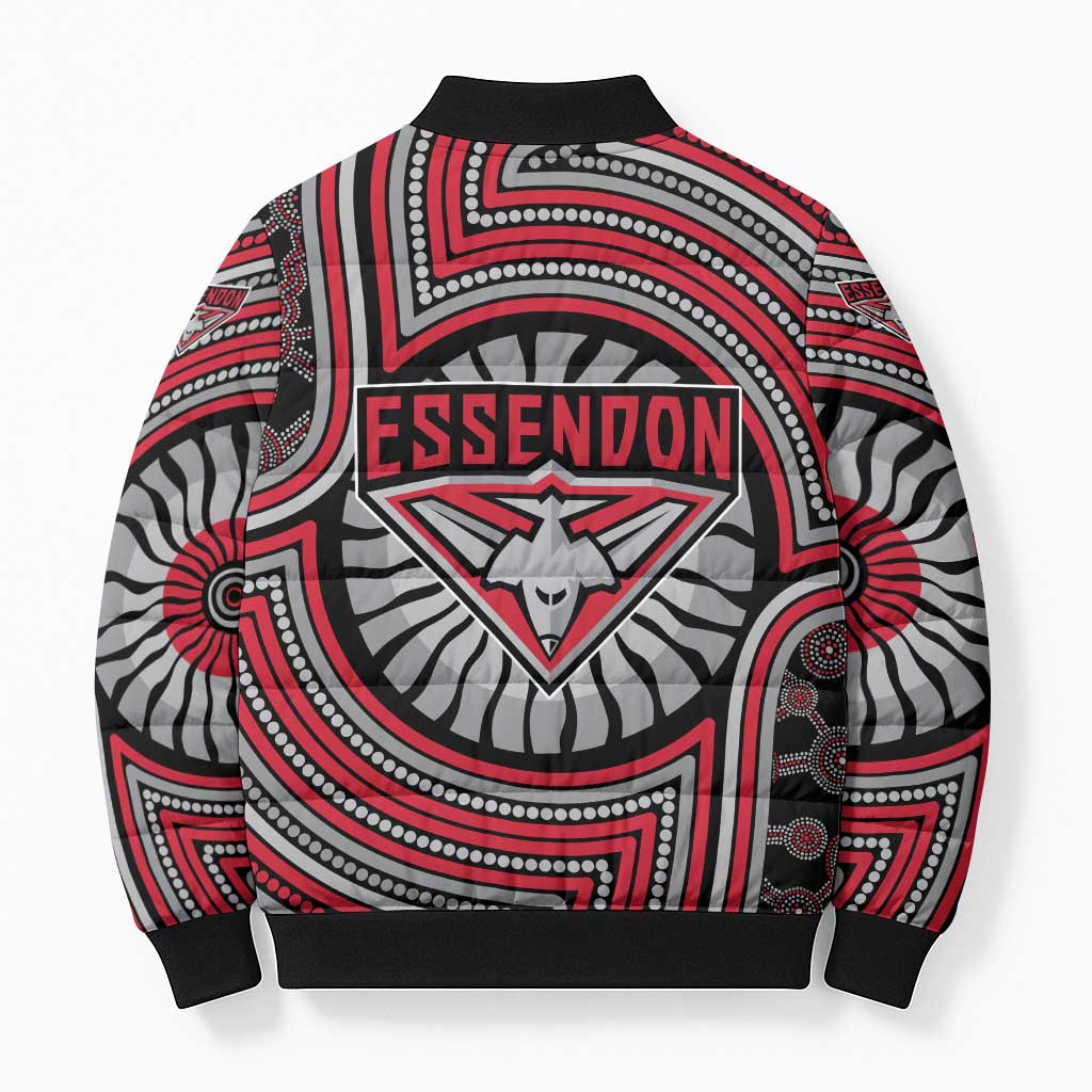 Essendon Football Club Bomber Puffer Jacket Indigenous Monochrome Dot Art Mascot Style