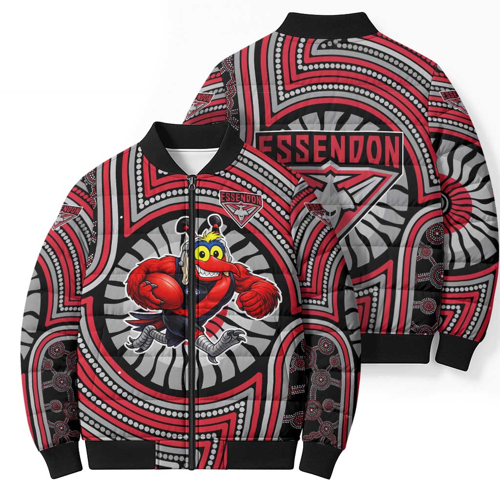 Essendon Football Club Bomber Puffer Jacket Indigenous Monochrome Dot Art Mascot Style