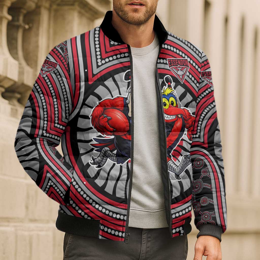 Essendon Football Club Bomber Puffer Jacket Indigenous Monochrome Dot Art Mascot Style