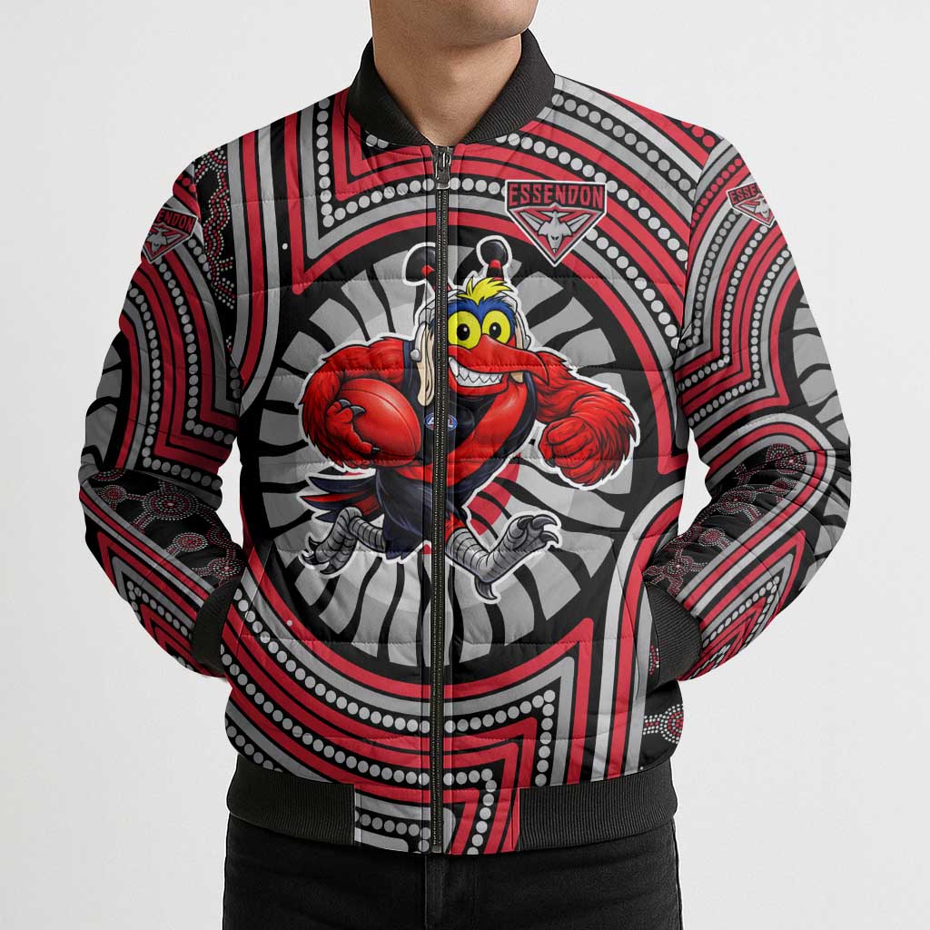 Essendon Football Club Bomber Puffer Jacket Indigenous Monochrome Dot Art Mascot Style
