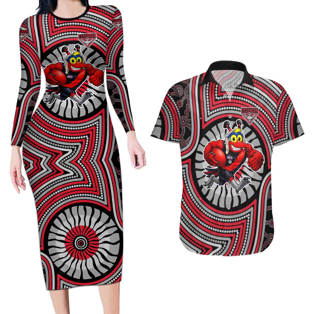 Essendon Football Club Couples Matching Long Sleeve Bodycon Dress and Hawaiian Shirt Indigenous Monochrome Dot Art Mascot Style