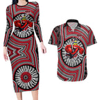 Essendon Football Club Couples Matching Long Sleeve Bodycon Dress and Hawaiian Shirt Indigenous Monochrome Dot Art Mascot Style