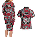 Essendon Football Club Couples Matching Long Sleeve Bodycon Dress and Hawaiian Shirt Indigenous Monochrome Dot Art Mascot Style