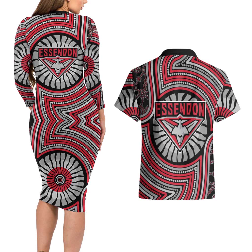 Essendon Football Club Couples Matching Long Sleeve Bodycon Dress and Hawaiian Shirt Indigenous Monochrome Dot Art Mascot Style