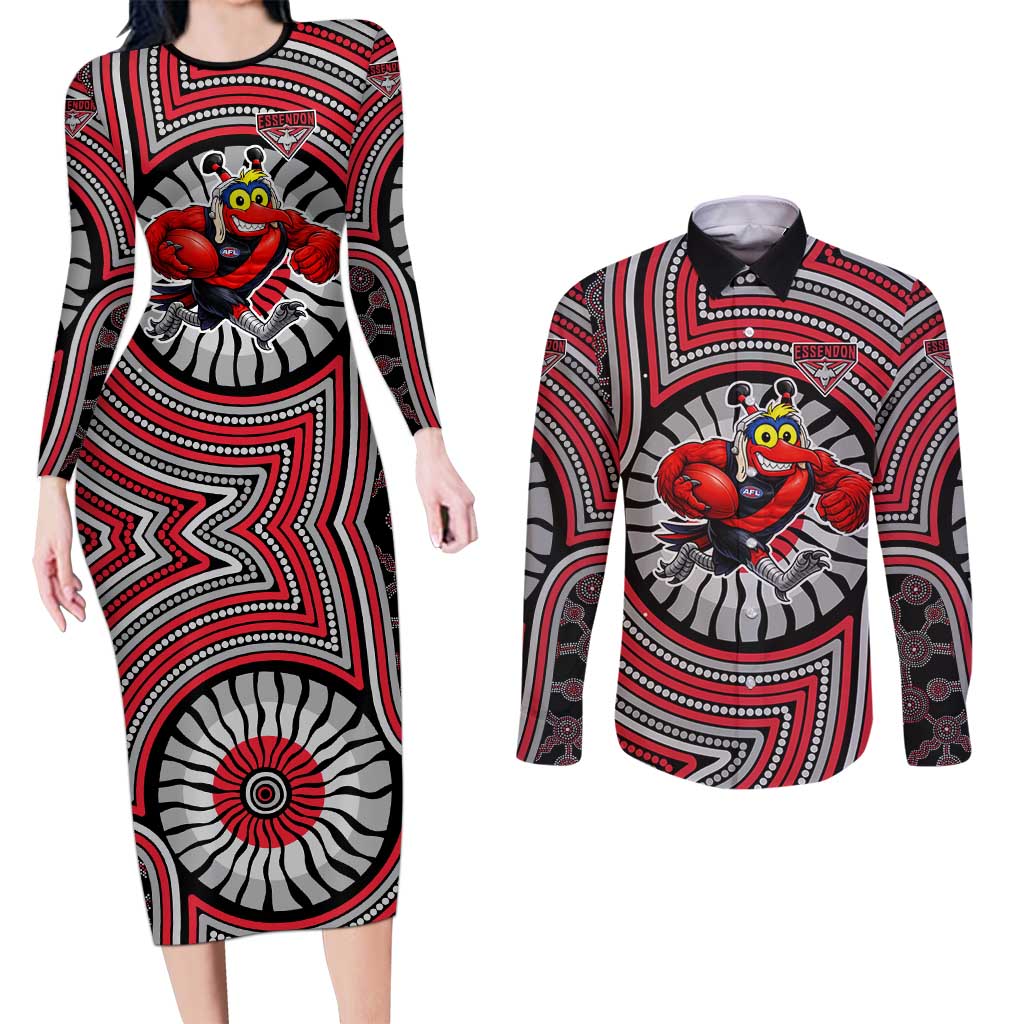 Essendon Football Club Couples Matching Long Sleeve Bodycon Dress and Long Sleeve Button Shirt Indigenous Monochrome Dot Art Mascot Style
