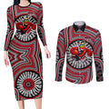 Essendon Football Club Couples Matching Long Sleeve Bodycon Dress and Long Sleeve Button Shirt Indigenous Monochrome Dot Art Mascot Style