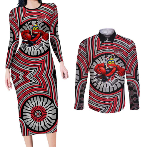 Essendon Football Club Couples Matching Long Sleeve Bodycon Dress and Long Sleeve Button Shirt Indigenous Monochrome Dot Art Mascot Style
