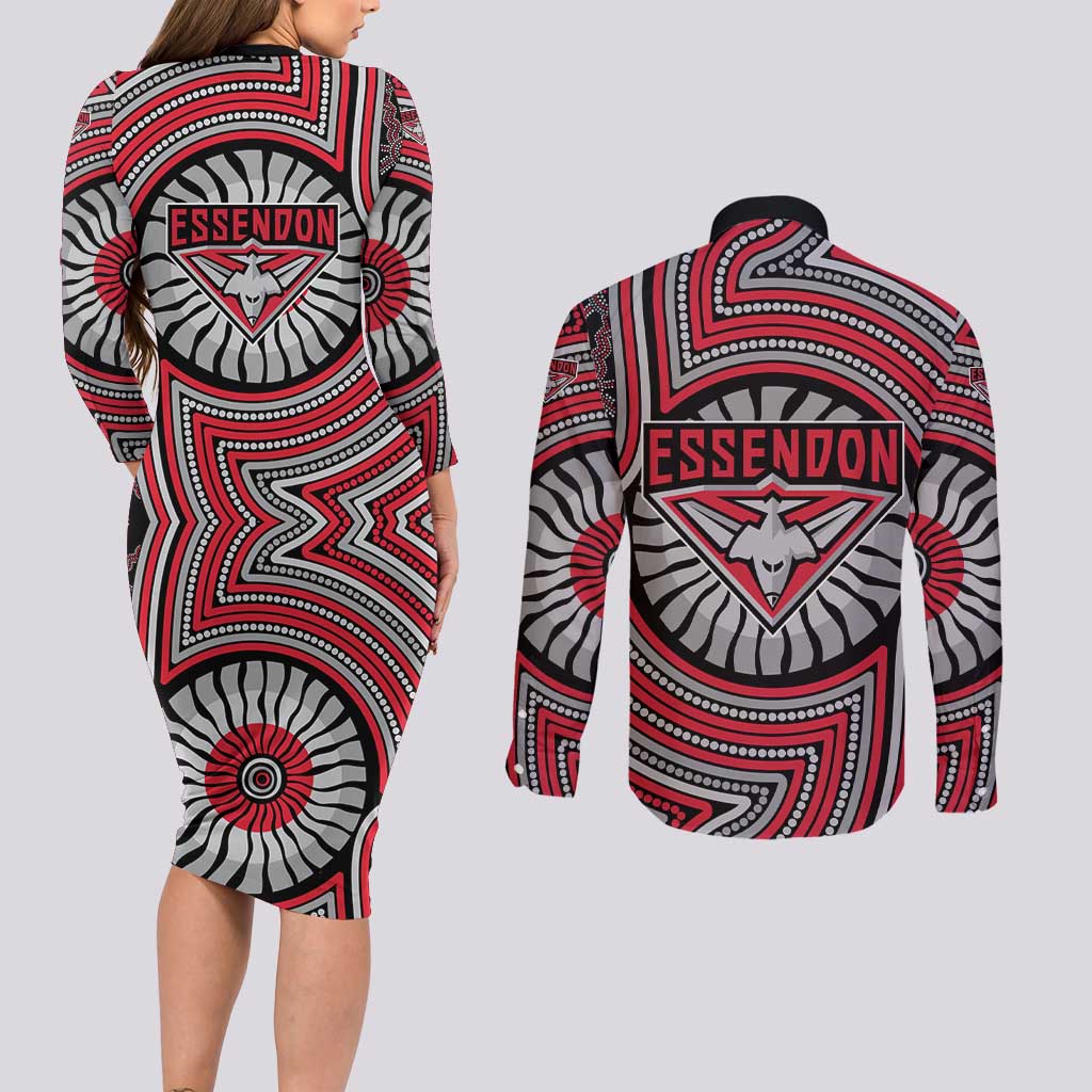 Essendon Football Club Couples Matching Long Sleeve Bodycon Dress and Long Sleeve Button Shirt Indigenous Monochrome Dot Art Mascot Style
