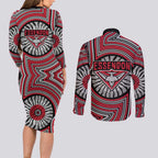 Essendon Football Club Couples Matching Long Sleeve Bodycon Dress and Long Sleeve Button Shirt Indigenous Monochrome Dot Art Mascot Style