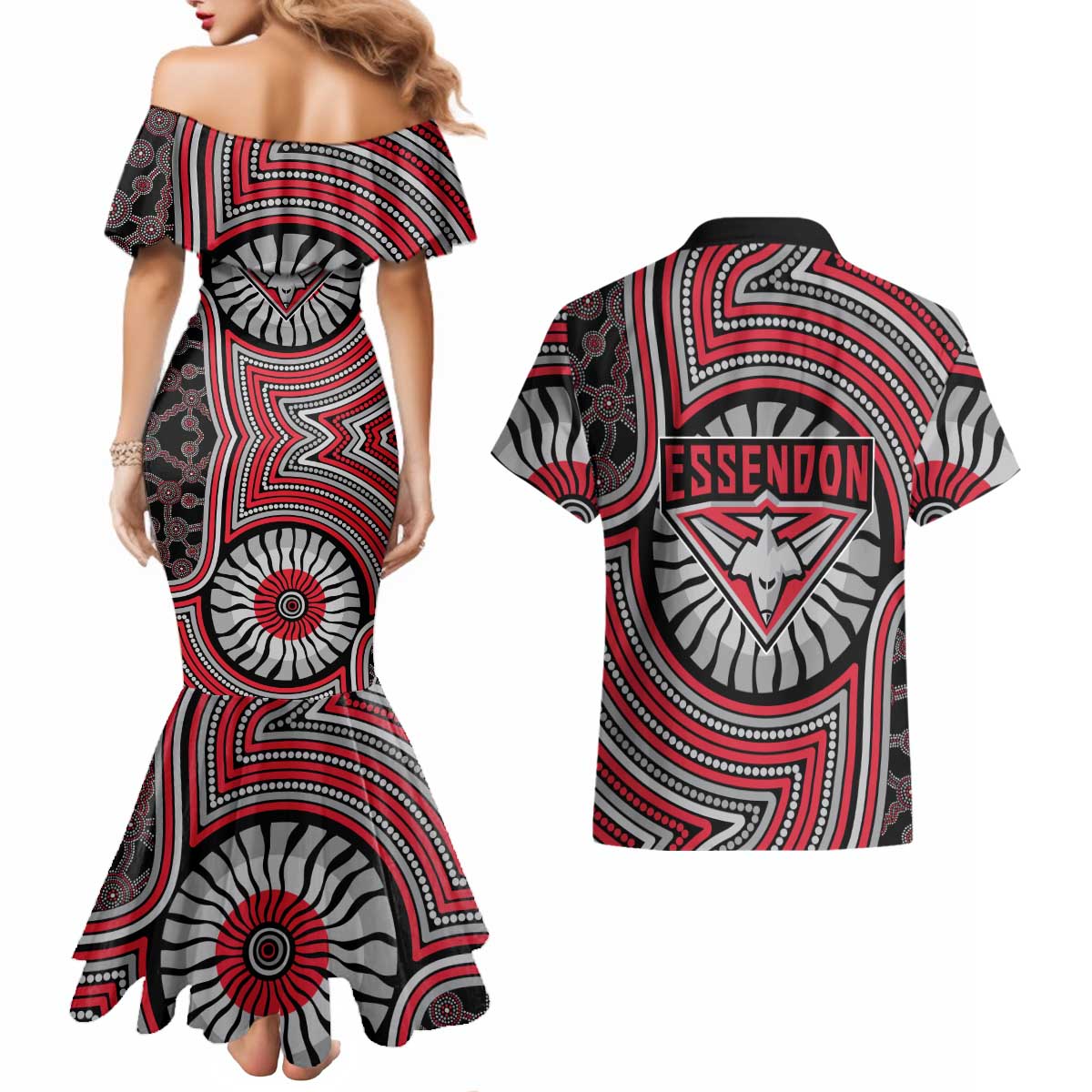 Essendon Football Club Couples Matching Mermaid Dress and Hawaiian Shirt Indigenous Monochrome Dot Art Mascot Style