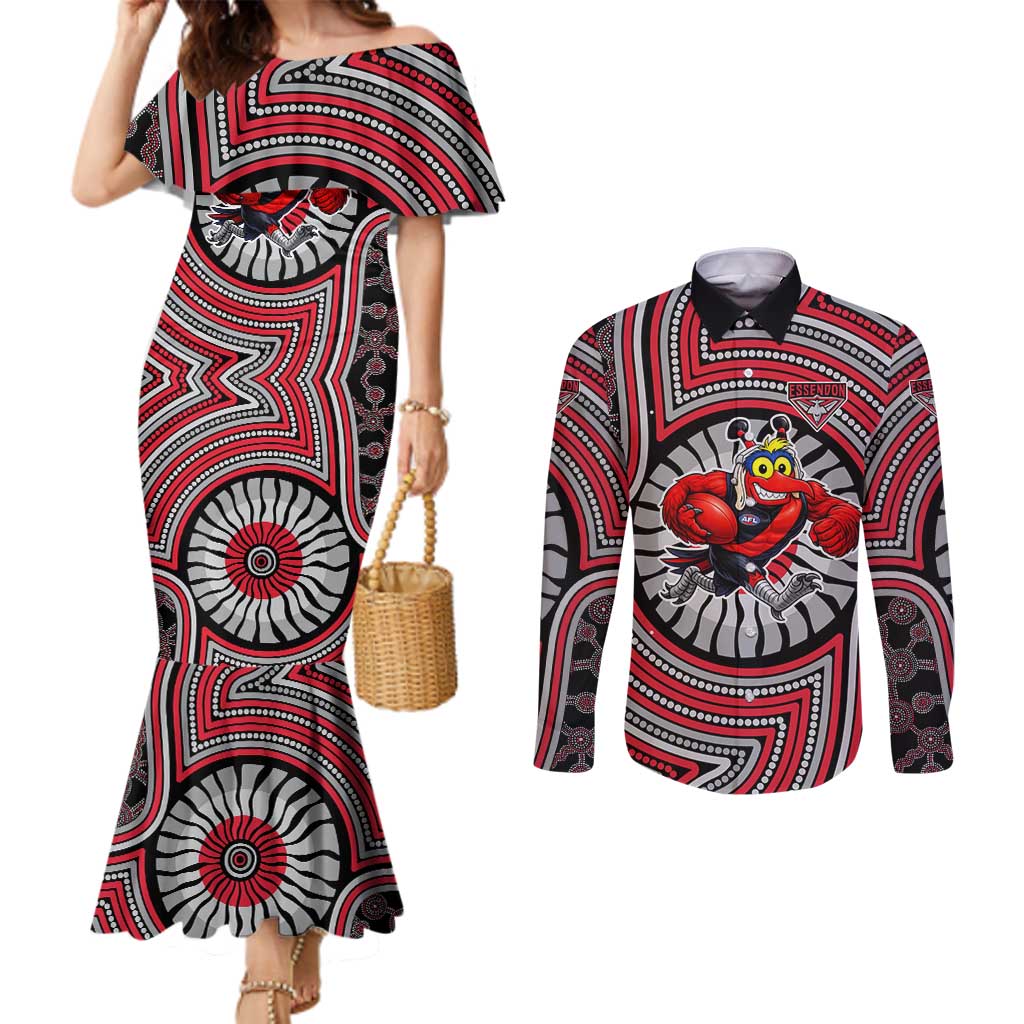 Essendon Football Club Couples Matching Mermaid Dress and Long Sleeve Button Shirt Indigenous Monochrome Dot Art Mascot Style