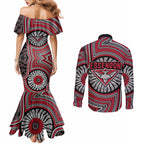 Essendon Football Club Couples Matching Mermaid Dress and Long Sleeve Button Shirt Indigenous Monochrome Dot Art Mascot Style