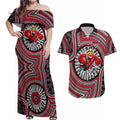 Essendon Football Club Couples Matching Off Shoulder Maxi Dress and Hawaiian Shirt Indigenous Monochrome Dot Art Mascot Style