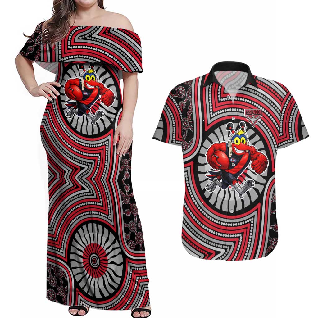Essendon Football Club Couples Matching Off Shoulder Maxi Dress and Hawaiian Shirt Indigenous Monochrome Dot Art Mascot Style