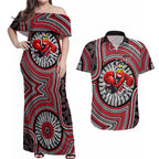 Essendon Football Club Couples Matching Off Shoulder Maxi Dress and Hawaiian Shirt Indigenous Monochrome Dot Art Mascot Style