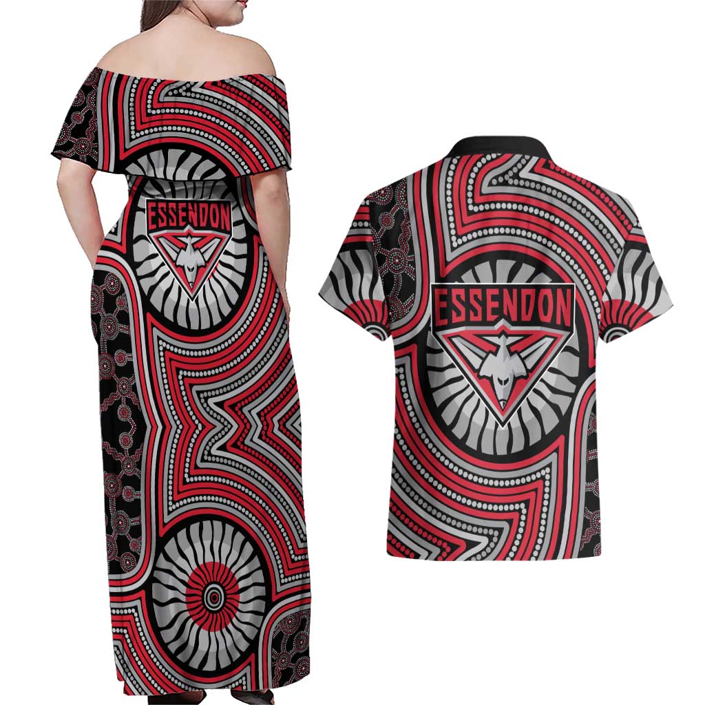 Essendon Football Club Couples Matching Off Shoulder Maxi Dress and Hawaiian Shirt Indigenous Monochrome Dot Art Mascot Style
