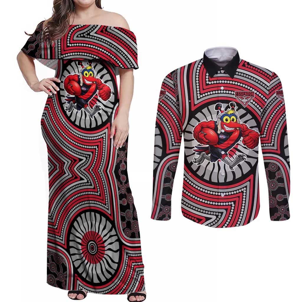 Essendon Football Club Couples Matching Off Shoulder Maxi Dress and Long Sleeve Button Shirt Indigenous Monochrome Dot Art Mascot Style