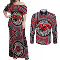 Essendon Football Club Couples Matching Off Shoulder Maxi Dress and Long Sleeve Button Shirt Indigenous Monochrome Dot Art Mascot Style