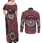 Essendon Football Club Couples Matching Off Shoulder Maxi Dress and Long Sleeve Button Shirt Indigenous Monochrome Dot Art Mascot Style