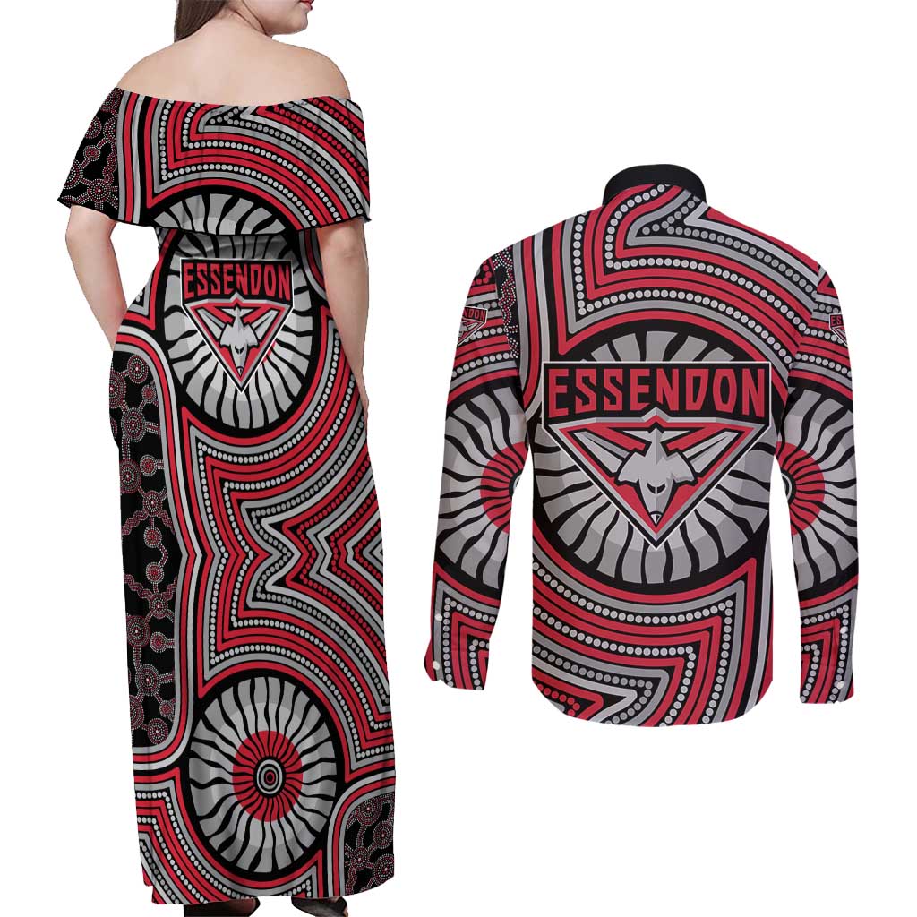 Essendon Football Club Couples Matching Off Shoulder Maxi Dress and Long Sleeve Button Shirt Indigenous Monochrome Dot Art Mascot Style