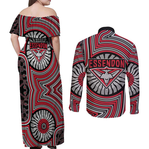 Essendon Football Club Couples Matching Off Shoulder Maxi Dress and Long Sleeve Button Shirt Indigenous Monochrome Dot Art Mascot Style