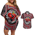 Essendon Football Club Couples Matching Off Shoulder Short Dress and Hawaiian Shirt Indigenous Monochrome Dot Art Mascot Style