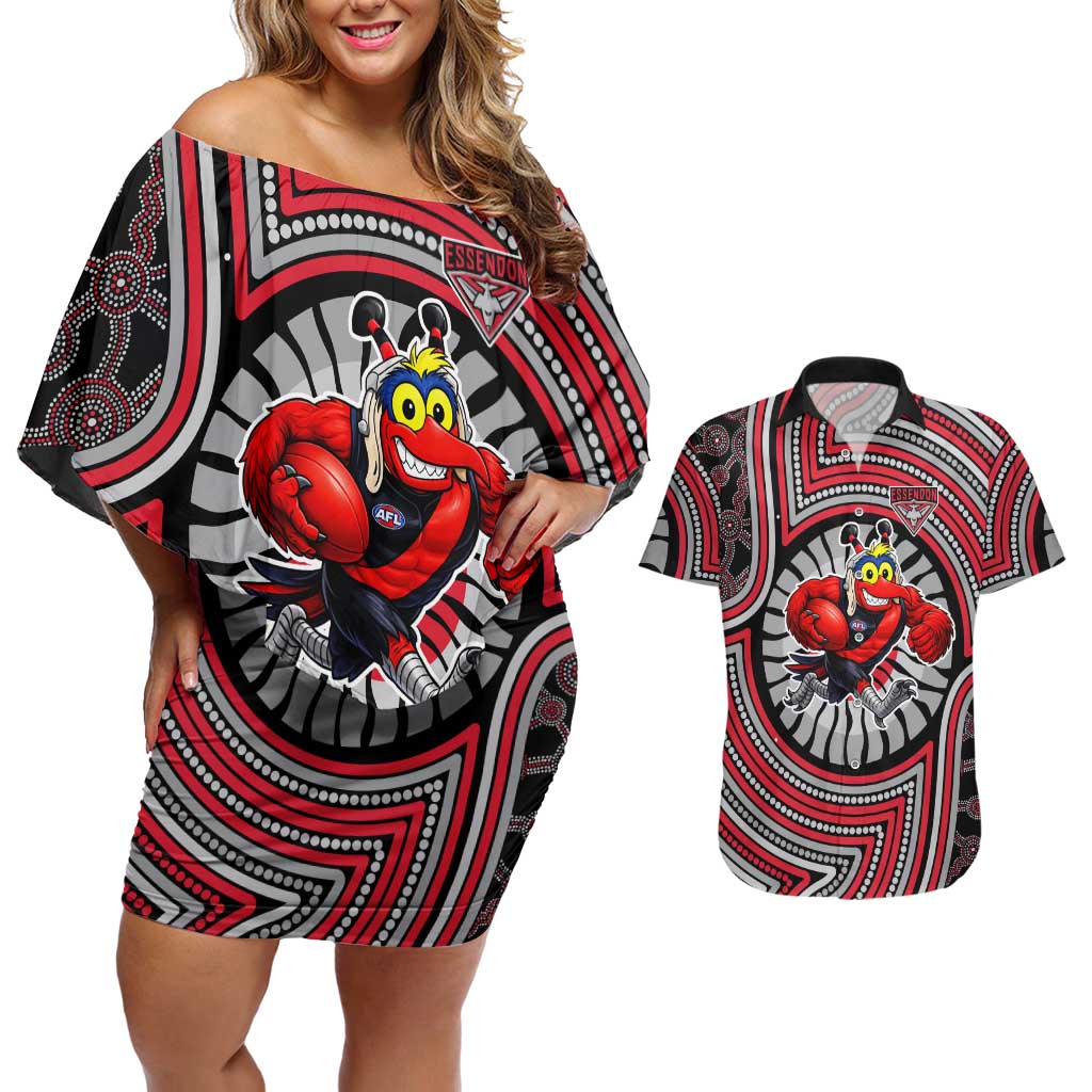 Essendon Football Club Couples Matching Off Shoulder Short Dress and Hawaiian Shirt Indigenous Monochrome Dot Art Mascot Style
