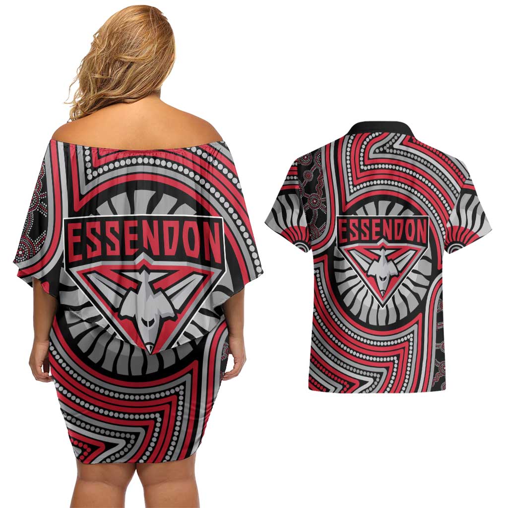 Essendon Football Club Couples Matching Off Shoulder Short Dress and Hawaiian Shirt Indigenous Monochrome Dot Art Mascot Style
