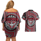 Essendon Football Club Couples Matching Off Shoulder Short Dress and Hawaiian Shirt Indigenous Monochrome Dot Art Mascot Style