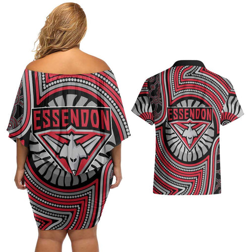 Essendon Football Club Couples Matching Off Shoulder Short Dress and Hawaiian Shirt Indigenous Monochrome Dot Art Mascot Style