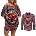 Essendon Football Club Couples Matching Off Shoulder Short Dress and Long Sleeve Button Shirt Indigenous Monochrome Dot Art Mascot Style
