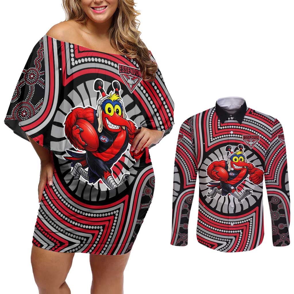 Essendon Football Club Couples Matching Off Shoulder Short Dress and Long Sleeve Button Shirt Indigenous Monochrome Dot Art Mascot Style