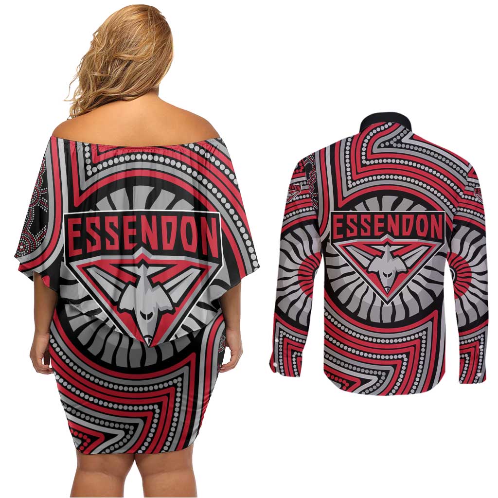 Essendon Football Club Couples Matching Off Shoulder Short Dress and Long Sleeve Button Shirt Indigenous Monochrome Dot Art Mascot Style