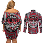Essendon Football Club Couples Matching Off Shoulder Short Dress and Long Sleeve Button Shirt Indigenous Monochrome Dot Art Mascot Style