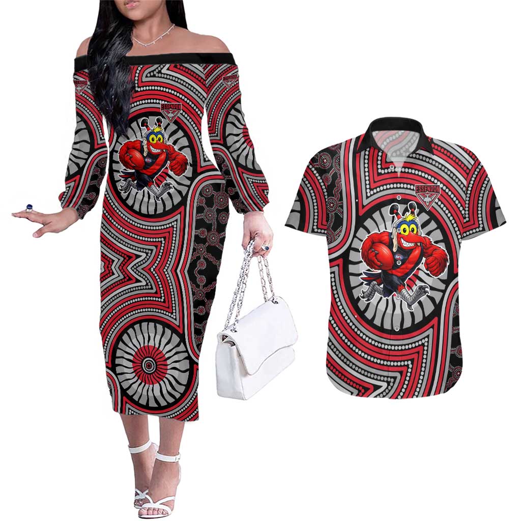 Essendon Football Club Couples Matching Off The Shoulder Long Sleeve Dress and Hawaiian Shirt Indigenous Monochrome Dot Art Mascot Style