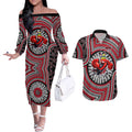 Essendon Football Club Couples Matching Off The Shoulder Long Sleeve Dress and Hawaiian Shirt Indigenous Monochrome Dot Art Mascot Style