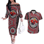 Essendon Football Club Couples Matching Off The Shoulder Long Sleeve Dress and Hawaiian Shirt Indigenous Monochrome Dot Art Mascot Style