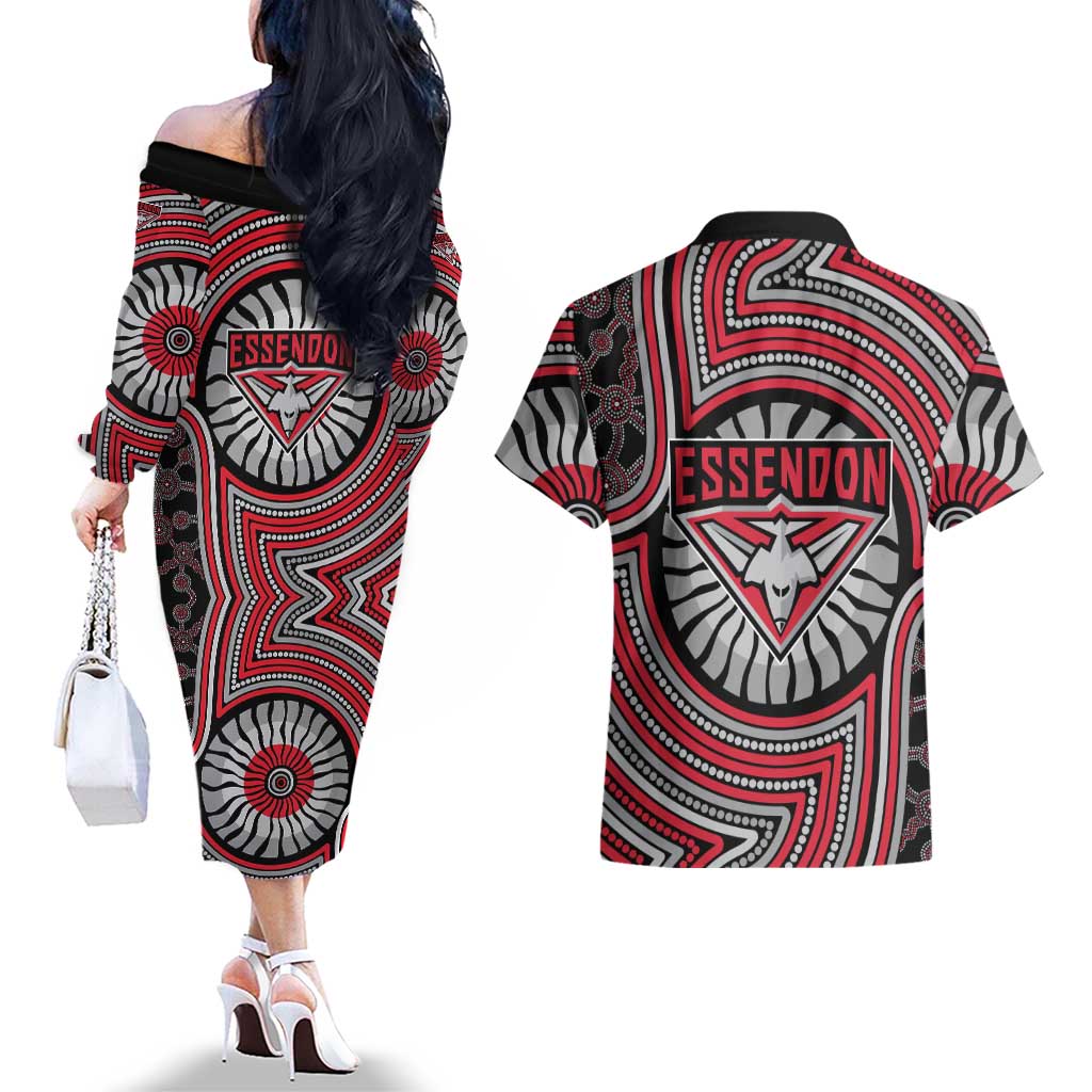 Essendon Football Club Couples Matching Off The Shoulder Long Sleeve Dress and Hawaiian Shirt Indigenous Monochrome Dot Art Mascot Style