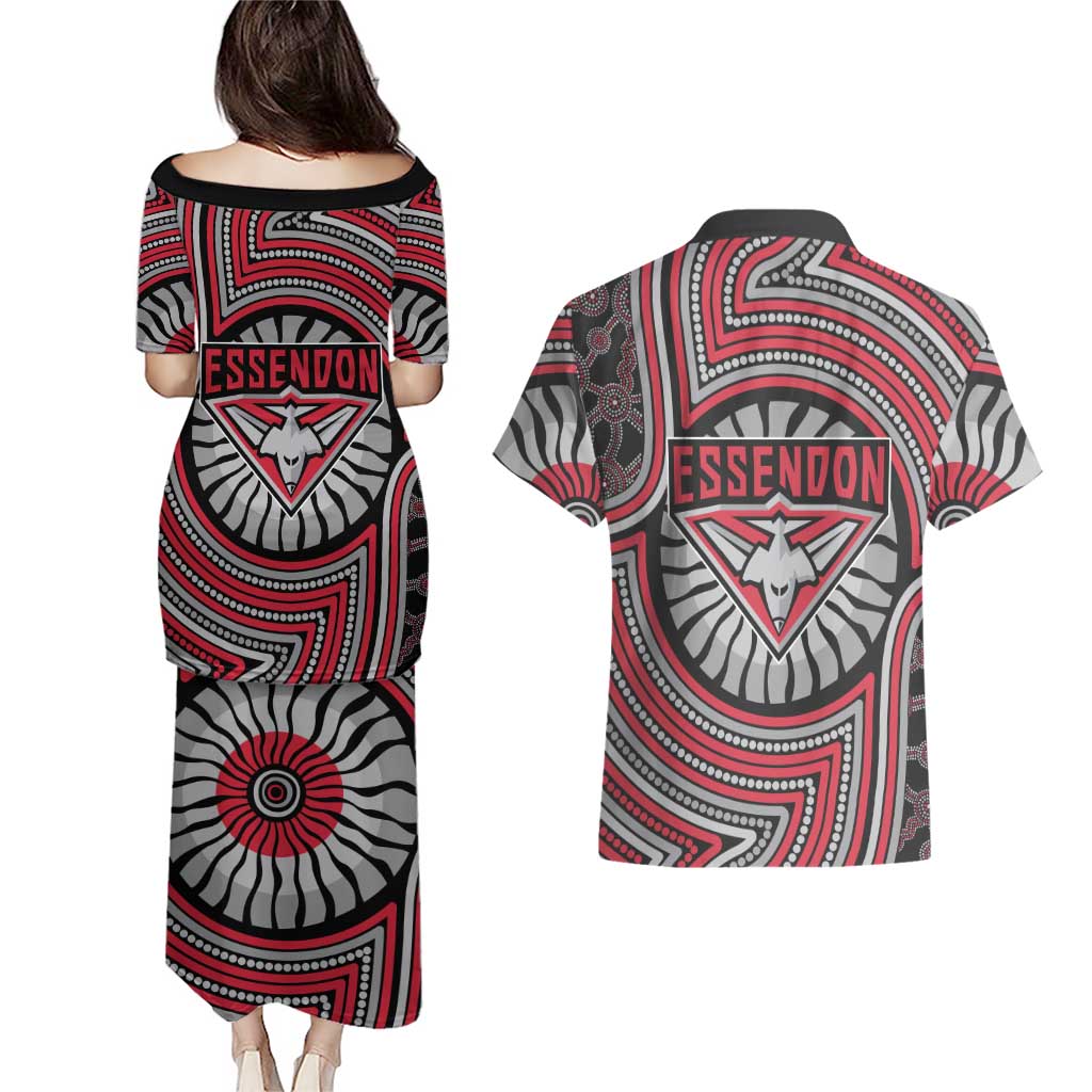 Essendon Football Club Couples Matching Puletasi and Hawaiian Shirt Indigenous Monochrome Dot Art Mascot Style