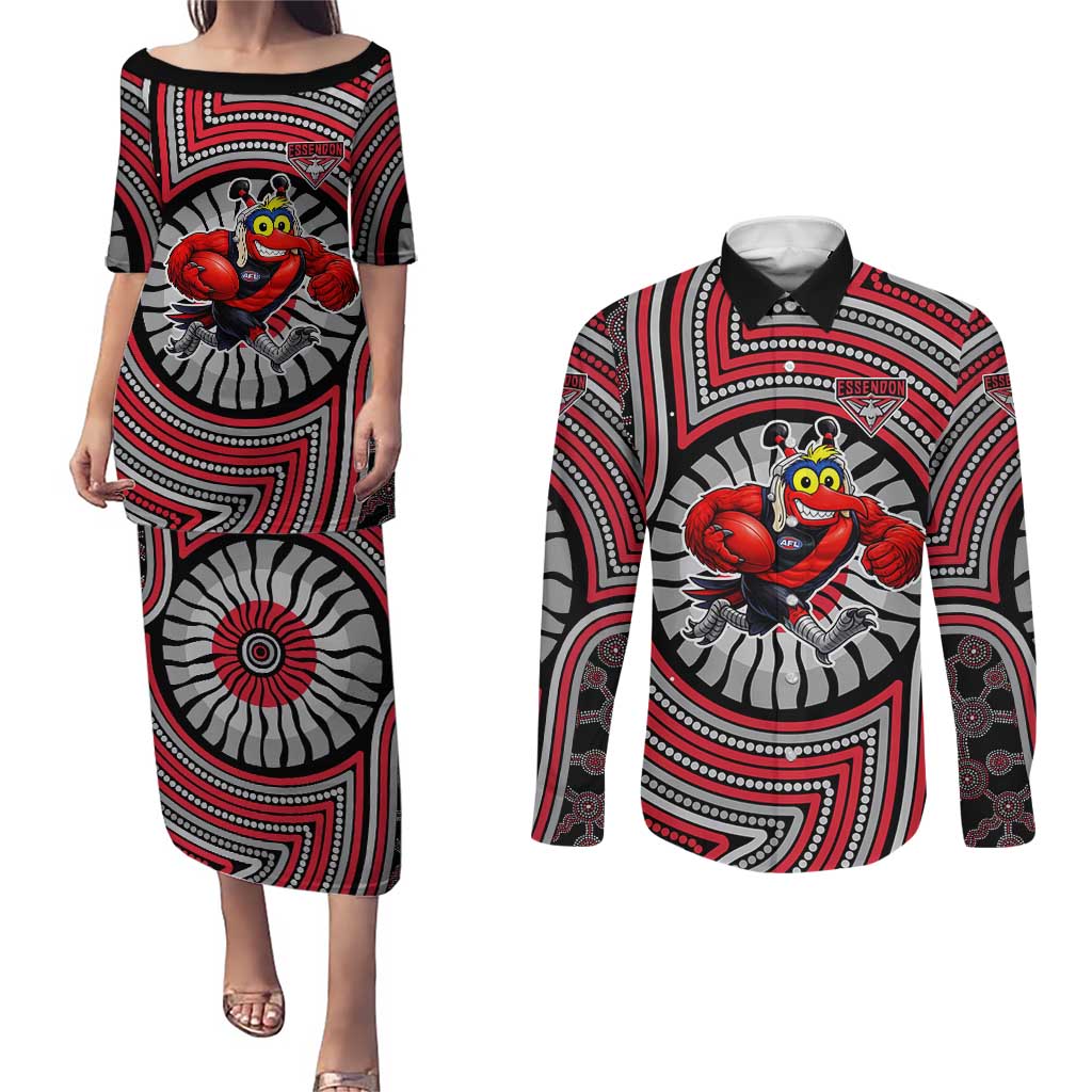 Essendon Football Club Couples Matching Puletasi and Long Sleeve Button Shirt Indigenous Monochrome Dot Art Mascot Style