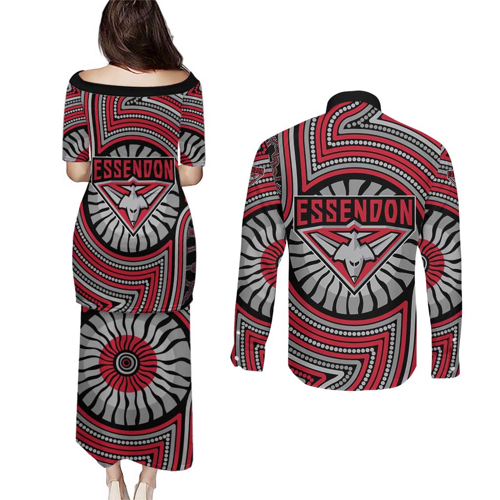 Essendon Football Club Couples Matching Puletasi and Long Sleeve Button Shirt Indigenous Monochrome Dot Art Mascot Style